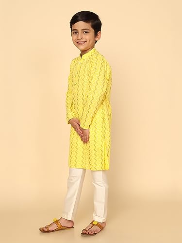 Image of KISAH Kid's Full Sleeves Cotton Blend Knee Length Printed Kurta Pyjama Set (3-4Y, Corn Yellow)
