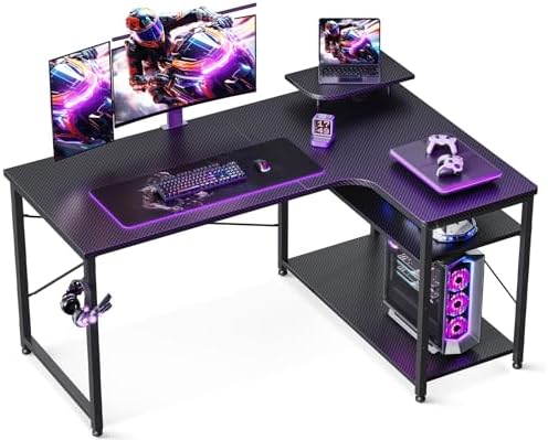 （15:00時点） ODK ゲーミングデスク l字 パソコンデスク 幅110 机 デスク desk 棚付き 在宅勤務 pcデスク 桌子 勉強机 L字型 組立簡単 カーボンブラック 右棚