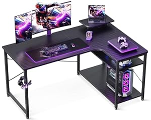 ODK ゲーミングデスク l字 パソコンデスク 幅110 机 デスク desk 棚付き 在宅勤務 pcデスク 桌子 勉強机 L字型 組立簡単 カーボンブラック 右棚