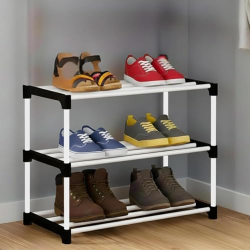 Image of Shoe Rack 3 Layer with Shelf, Thick Strong Pipes for Heavy Load Multipurpose Organizer Rack Shoe, Cloth & Book Storage Shelf for Home, Balcony, Living Room & Workspace