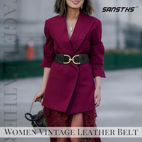 SANSTHS Vintage Women Stretchy Wide Belt Chunky Buckle Elastic Wide Waist Belts for Dresses Coats