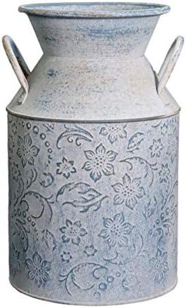 Fauevav Galvanized Milk Can Antique Retro Vase Metal Planter Rustic Vintage Primitive Flower Holder Farmhouse Country Plant for Home Office Decor, 9.4”