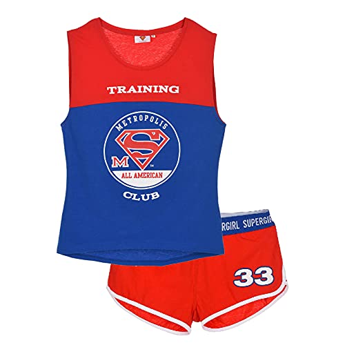 Pyjama Femme en Coton DC Comics Batman, Superman, Wonder Woman (L, SupTraining Bleu/Rouge)