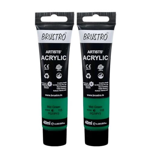 Image of BRUSTRO Artists Acrylic Paint Tube | 40ml, Mid Green (Pack of 2)|Non-Toxic, Water Based, Inter Mixable, Ideal for Painting, Textured Effects on Canvas, Paper, Fine Art Student and Professionals