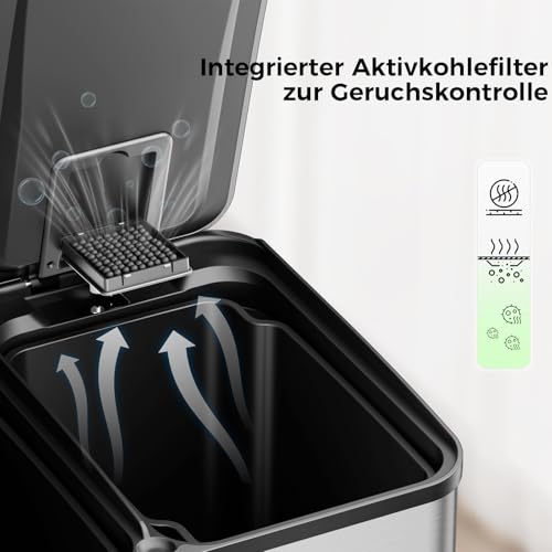 YASHE Mülleimer 2 Fächer mit Deckel, 2x20L Mülleimer Küche, Tretmülleimer Edelstahl mit 20 Müllbeuteln, Herausnehmbaren Inneneimern… – Ansicht 5