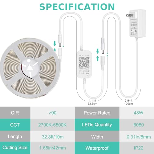 Wefomey COB LED Strip Light White, Dimmable 2700K-6500K High Density 6080LEDs 24V Flexible LED Tape Light with Remote and APP Control, for Under Cabinet Bedroom Kitchen DIY Lighting,1 Rolls of 32.8ft by Wefomey - Used condition - Image 8