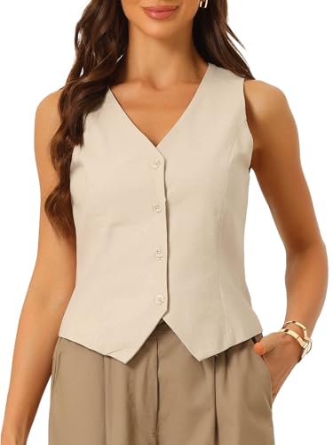 Allegra K Vest for Women Summer Linen Sleeveless Button Down V Neck Fully Lined Cropped Waistcoat Vests Crop Tops