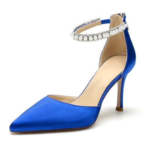 Image of Pointed Toe Pearl Wedding Shoes for Bride White High Heels Satin Bridal Shoes Zipper Back Evening Party Dance Dresses Shoes Pumps for Women