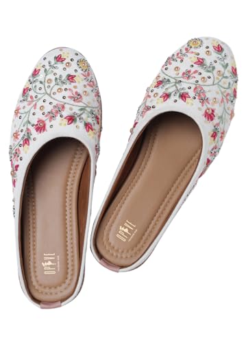 Image of OPIVE's Mehandi Women's Mojari Jutti Ethnic Punjabi Juttis Traditional Flat Embroidered Canvas Fancy Bellies Comfortable Sole for Womens & Girls