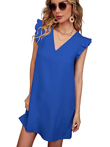 Image of Floerns Women's Solid V Neck Ruffle Trim Cap Sleeve Summer Tunic Dress