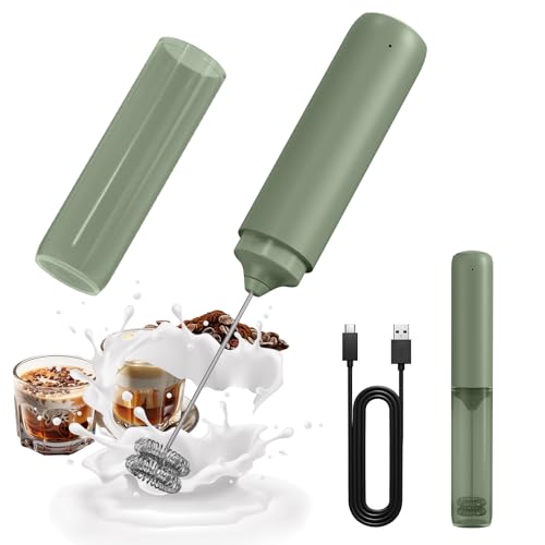 CIRCLE JOY Powerful Double Whisk Milk Frother Handheld Rechargeable Milk Foamer Coffee Frother Drink Mixer with Cover, Portable for Coffee, Cappuccino, Lattes, Frappe, Matcha and Hot Chocolate, Green