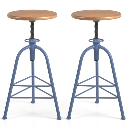 Butacos de Bar, Juego de 2 Butacos de Madera Sólida y Metal, Ajustables en Altura (24"-28.35"), Giratorios, Asiento Redondo, 3 Patas, Base Azul y Tapizado en Roble miniatura 1