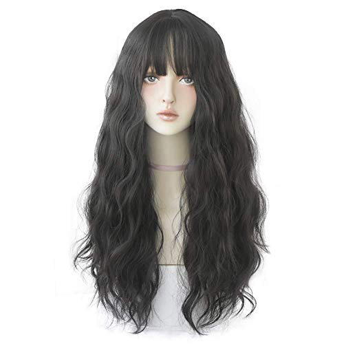 Long Wavy Wig With Air Bangs Synthetic Wig for Women Natural Looking for Party Cosplay Body Wavy(Black Tea)