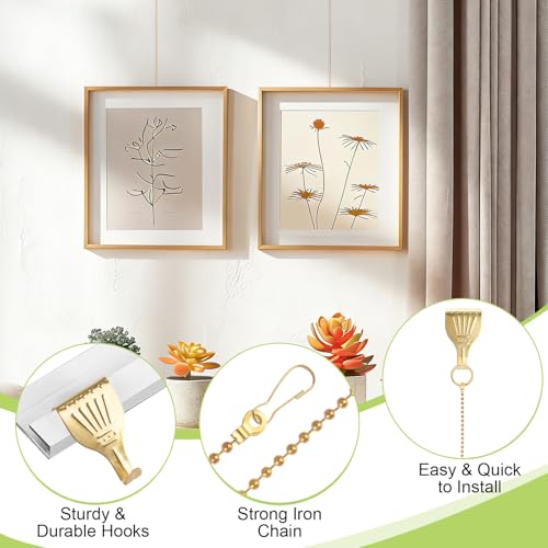 Image of Picture Hanging Kit 6Pcs Picture Rail Hooks with Chains, Rail Hanging Hooks Picture Display Hanging System for Wall Picture, Exhibition(1M, Gold Beaded Chain)