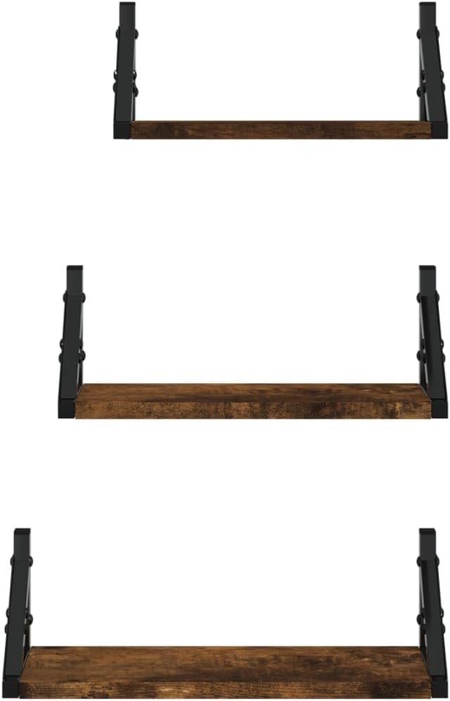 3 Piece Wall Shelf Set, Smoked Oak Engineered Wood, Floating Ledge Design, for Room Decor, Bathroom, Kitchen, Living Room, and Bedroom Wall Storage
