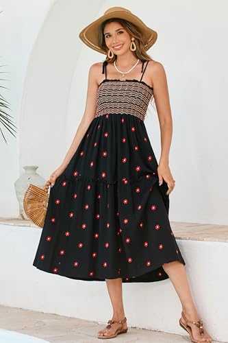 Image of R.Vivimos Womens Summer Cotton Boho Midi Dress 2026 Spaghetti Strap Floral Embroidered Smocked Tiered Flowy Long Dresses