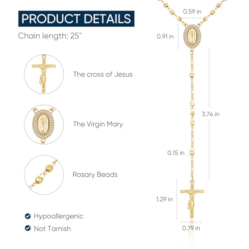 Virgin Mary Cross Rosary Necklace for Women，Virgen de Guadalupe Long Gold Silver Rosary Catholic Cross Beads Crucifix Necklace Women jewelry Religious Gift for Confirmation Baptism First Communion Godmother4