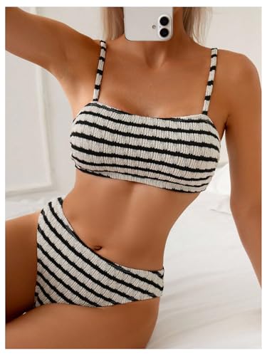 SOLY HUX Women's Striped Smocked Swimsuit Spaghetti Strap High Waisted Bikini Set Bathing Suit Vacation Outfit3