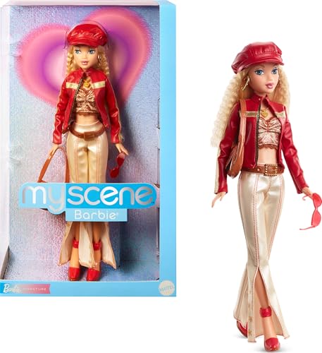 Barbie Signature My Scene Barbie Modowa lalka kolekcjonerska z akcesoriami, w stylizacji Y2K z kurtką ze sztucznej skóry, rozszerzanymi spodniami i torebką + podstawka dla lalki, HYC17