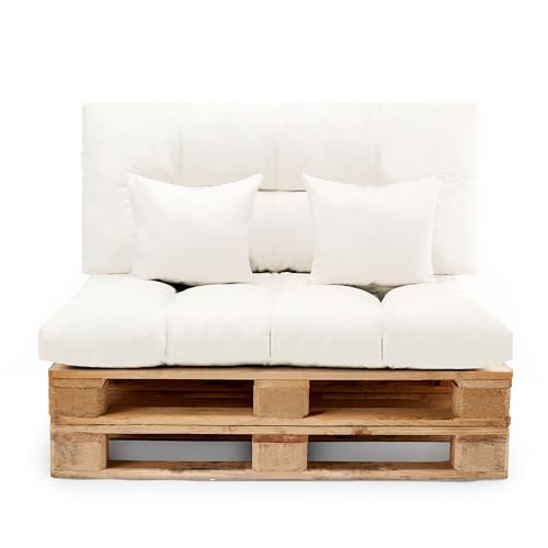 Diverpuff Set Cojines para Palets. Asiento 120x80 + Respaldo 120x60 + Decorativos 35x35. Para Palets Europeos de Interior y Exterior (Crudo, Set Completo)