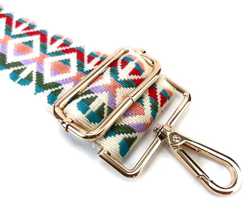 Image of Vibrant Multicolor Boho Diamond Purse Strap with Light Gold Hardware 2 Inch Wide Replacement Crossbody Guitar Style Shoulder Strap for Handbags Totes