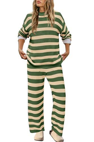 Image of SENSERISE Womens Striped Set Sweater Lounge Sets | Pajamas Set, Loungewear Set, Oversized Knit Sweater, Wide Leg Pants with Pockets, Fall Outfits, Pants Set