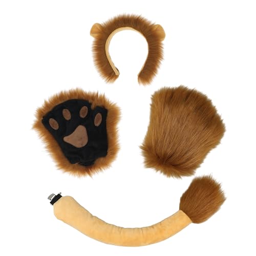 Dodheah Juego de diadema de orejas de león, guantes de león peludos sin dedos, patas, cola de león, animal, cosplay, Halloween, disfraz de león, Amarillo, talla única