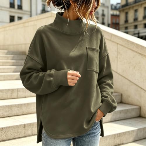 Women’s Mock Neck Sweatshirts Oversized Chest Pocket Pullover Tops | Sweatshirts For Women,Loose Fit Cut,Side Slit Hem,Drop Shoulder Sleeve,Long Sleeve Design,Fall Casual Wear,Soft Fleece Lined - image 2