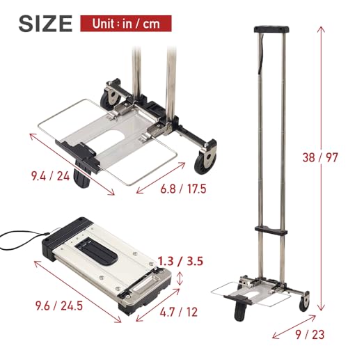 Japard Extra Small Carrying Cart for Hand Luggage, Loadable 22lbs Mini Folding Hand Truck, Stainless Steel 2lbs, Foldable Retractable Roll Luggage Cart with 2 Wheels