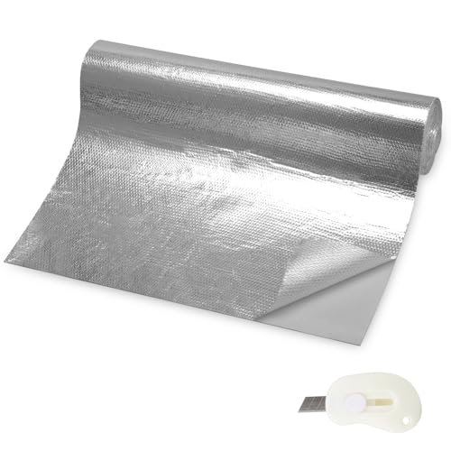 Natte de protection thermique aluminisée, barrière thermique, 30 x 500 cm, dos autocollant, isolation en fibre de verre en aluminium, couverture thermique,...