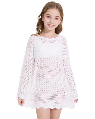 Image of WULFUL Girl's Crochet Long Sleeve Swimwear Cover Up Summer Beach Dress Swimsuit