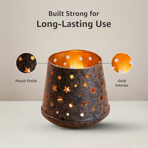 Image of Amazon Brand - Solimo Tea Light Votive - Tapered Star Design, Brown Antique Iron with Gold Interior, Set of 4 (Size: 7 LXBXH)
