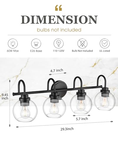 Image of Bathroom Light Fixtures, 4-Light Matte Black Vanity Lights with Globe Clear Glass, 30 Inch Modern Vanity Lighting Fixtures Over Mirror, AD-22280-4W-BK