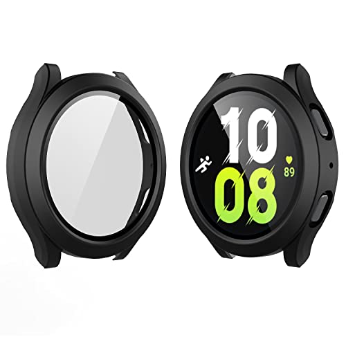 Yolin 2 Pack Hard Protective Case with Tempered Glass Screen Protector Compatible Samsung Galaxy Watch 5/4 44mm PC Ultra-Thin All-around Cover For Galaxy Watch 4/5 44mm (2 Black)