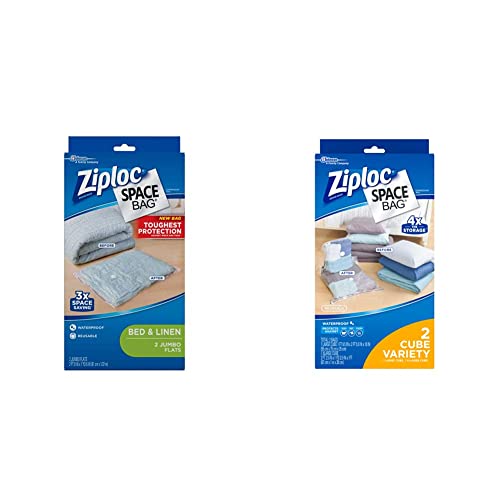 Ziploc Reusable Clothes Storage Bags, 2 Jumbo Vacuum Seal Storage Bags, Space Bags & Reusable Clothes Storage Bags, 2 Piece Cube Combo Vac Bags, 1 Large Cube, 1 XL Cube, Space Bags