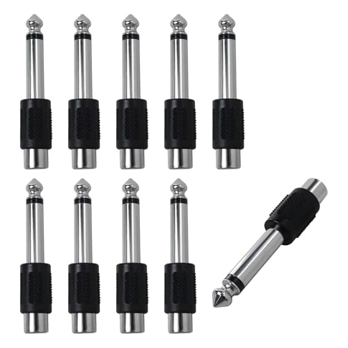 Adaptador de Audio Mono Jack 6.35 mm Macho a RCA Hembra, Adaptador conversor Jack 6.35 mm a RCA, Conector TS para altavoces, Apto para amplificadores, Mono, 10 Unidades