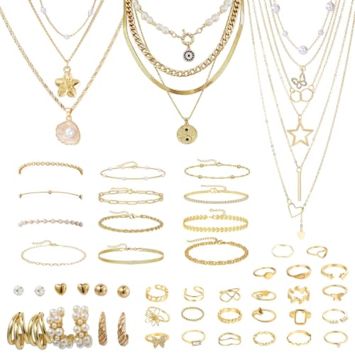 Image of OKMIJN 53 PCS Gold Jewellery Set Rings Layered Necklace Bracelets Earrings
