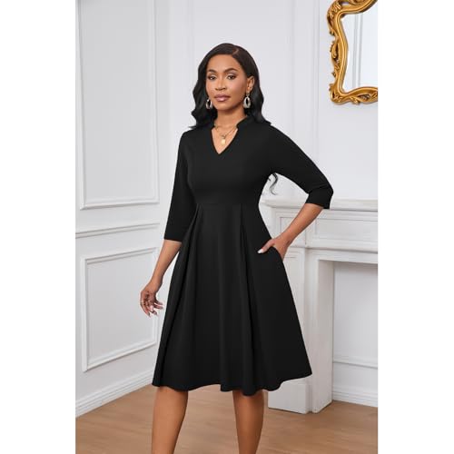 Image of Max2co Midi Dresses for Women Semi Formal Fit and Flare A-Line Swing Dress 3 /4 Sleeve Church Cocktail Dress with Pockets