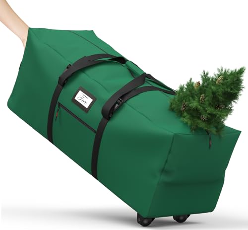 Christmas Tree Storage Bag with Rolling Wheels, Fits for 9ft Xmas Artificials, Large Xmas Storage Container with Reinforced Carry Handles and Fixed Buckle, 600D Oxford Cloth, Dual Zippers
