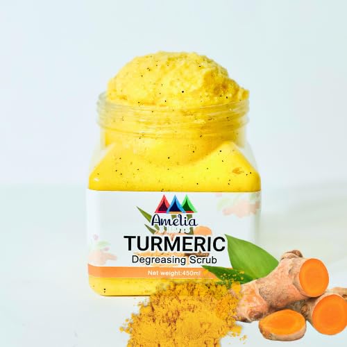 Amelia 3 Huts Turmeric Degreasing Scrub, Moisturizing, Exfoliating Body, Face, Hands,Feet Scrub, Nourishes Skin, Deep Cleansing Brightens the Skin from Dark Spots,Blemish Treatment.