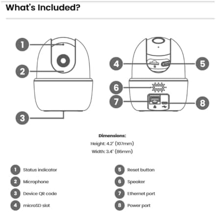 Diagram showing the different parts of the Lorex camera with numbered labels: Status indicator, Microphone, Device QR code, microSD slot, Reset button, Speaker, Ethernet port, Power port.