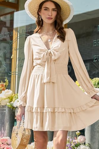 Image of Dokotoo Womens Casual Spring Fall 2025 Deep V Neck Knotted Tiered Chiffon Elegant Mini Short Swing Skater Dresses
