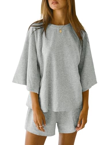 Imily Bela Schlafanzug Damen Kurz Rundhals Pyjama Set Sommer 3/4 Ärmel Lounge Set Locker Lässig(Grau,L)
