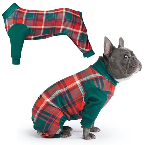 Image of Spark Paws Dog Christmas Pajama, Dog Recovery Suit Male, Onesie, Ultra-Soft and 4-Way Stretch, for Small Medium and Large Breeds - Green and Red Plaid - XL