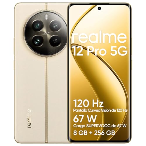 realme 12 Pro 5G Smartphone 8+256GB, IMX882 OIS 2X Optical Zoom Camera, Snapdragon 6s Gen 2, Pantalla Curved Vision de 6.7' 120Hz, Batería masiva de 5000mAh, Navigator Beige (sin Adaptador)
