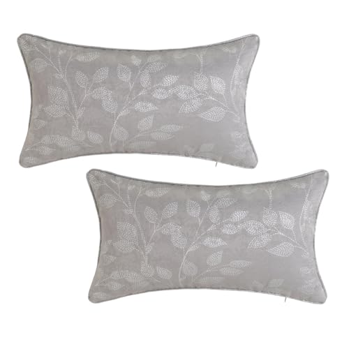 LOLAhome Set de 2 Cojines Grises Impresos con Hojas Plateadas de Antelina de 50x30 cm con Relleno