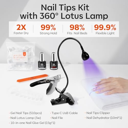 Image of modelones X Nail Gel Kit,10-in-One Glue Prep Dehydrator Lamp Gooseneck | 510Pcs Almond Nail Tips 15Size Medium Almond Press on Tip Adjustable U /V Light Easy Extension DIY Women Gift