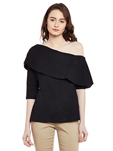 Image of Miss Chase Women's Black One Shoulder Half Sleeved Solid Layered Top