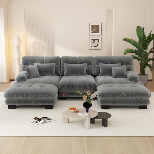 Yihomfy Canapé d'angle Convertible Moderne de 313 cm, Grand canapé 5 Places en U avec 2 poufs pour Le Salon, canapé modulable Profond avec Structure en Bois Massif et...