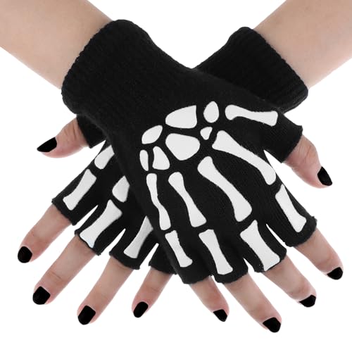 Abeillo Halloween Skelett Handschuhe,Leuchtet Halbfinger Handschuhe Skelett,Halloween Cosplay Party Requisiten,Leuchtend Skelett Handschuhe Halloween für Kostüm Zubehör(Erwachsene)